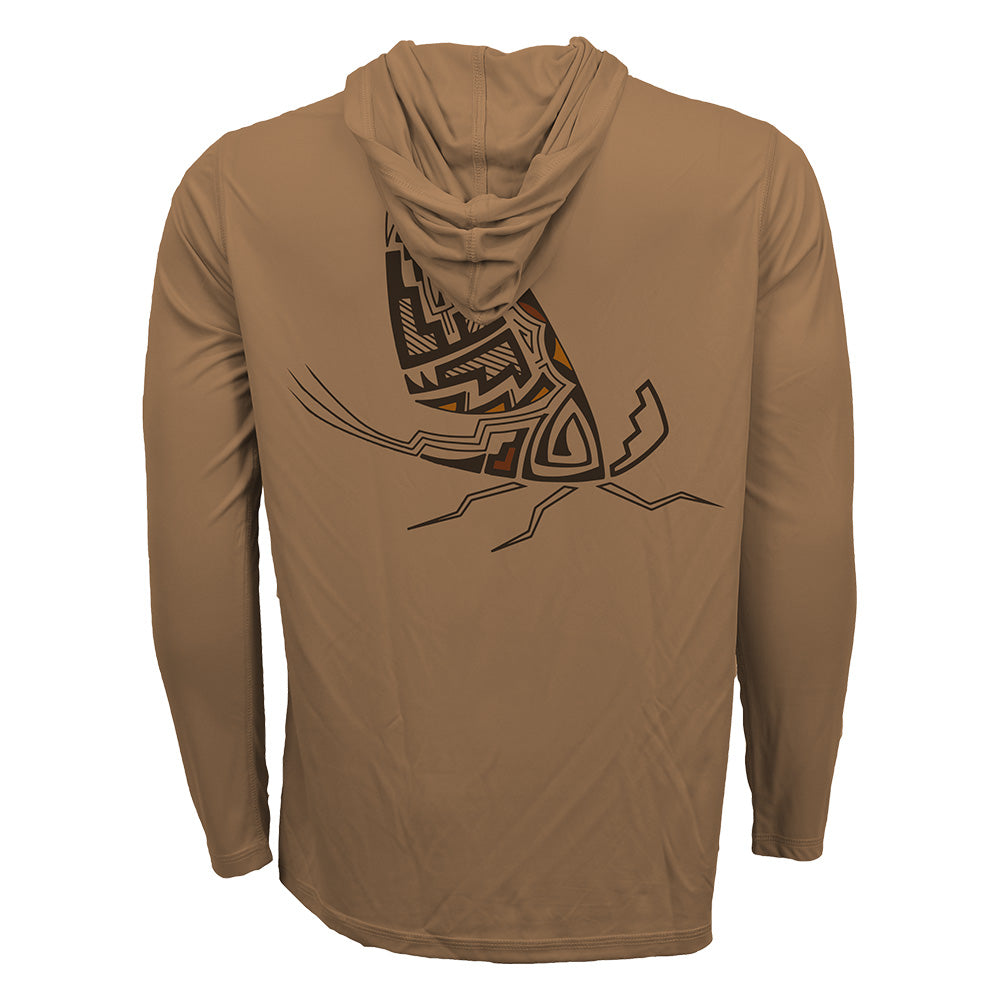 Clay hooded sun shirt with a geometric mayfly pattern on the back
