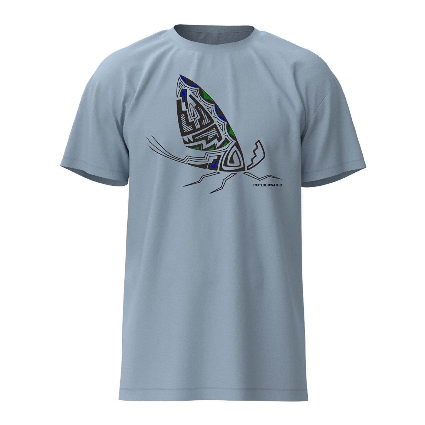 Light blue shirt with a mayfly image on the front in puelbo pottery style