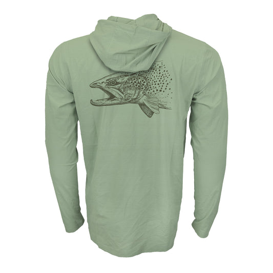 Light green rep your wayer flolite sun hoody with a brown trout head on the back!