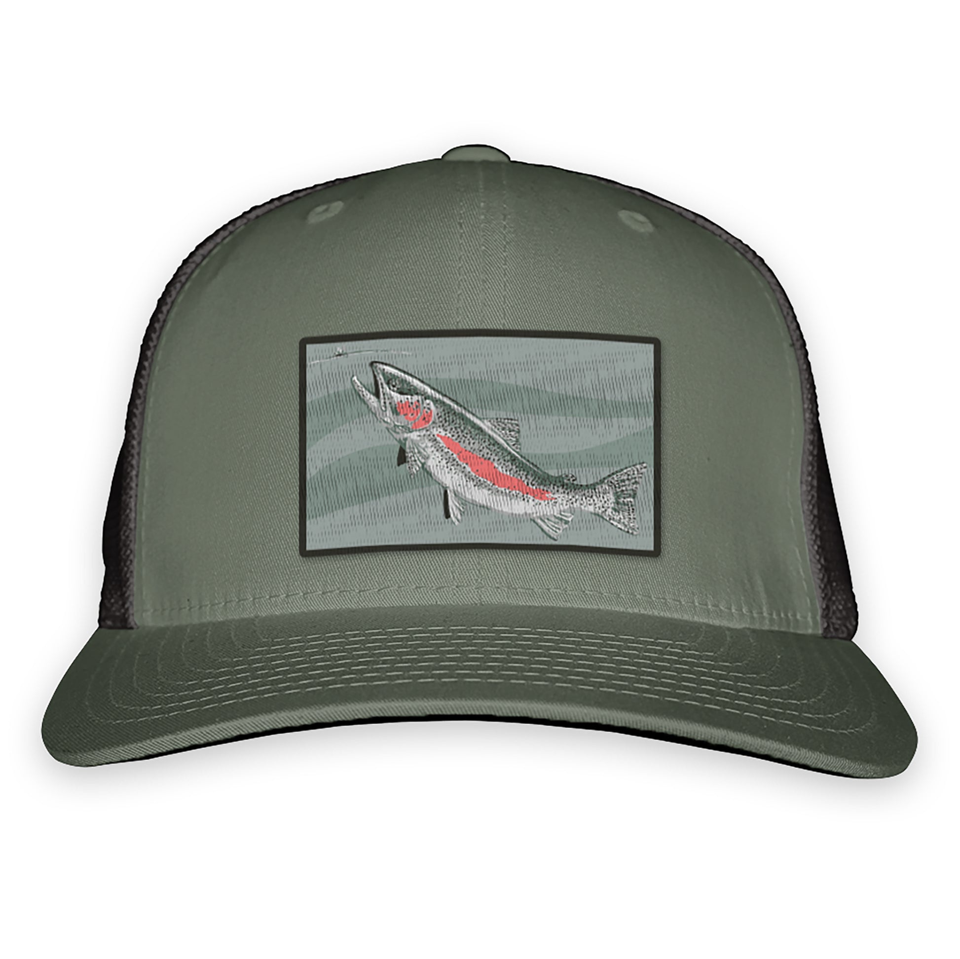 Light green front and dark grey mesh back hat with a patch of a rising rainbow trout on the front