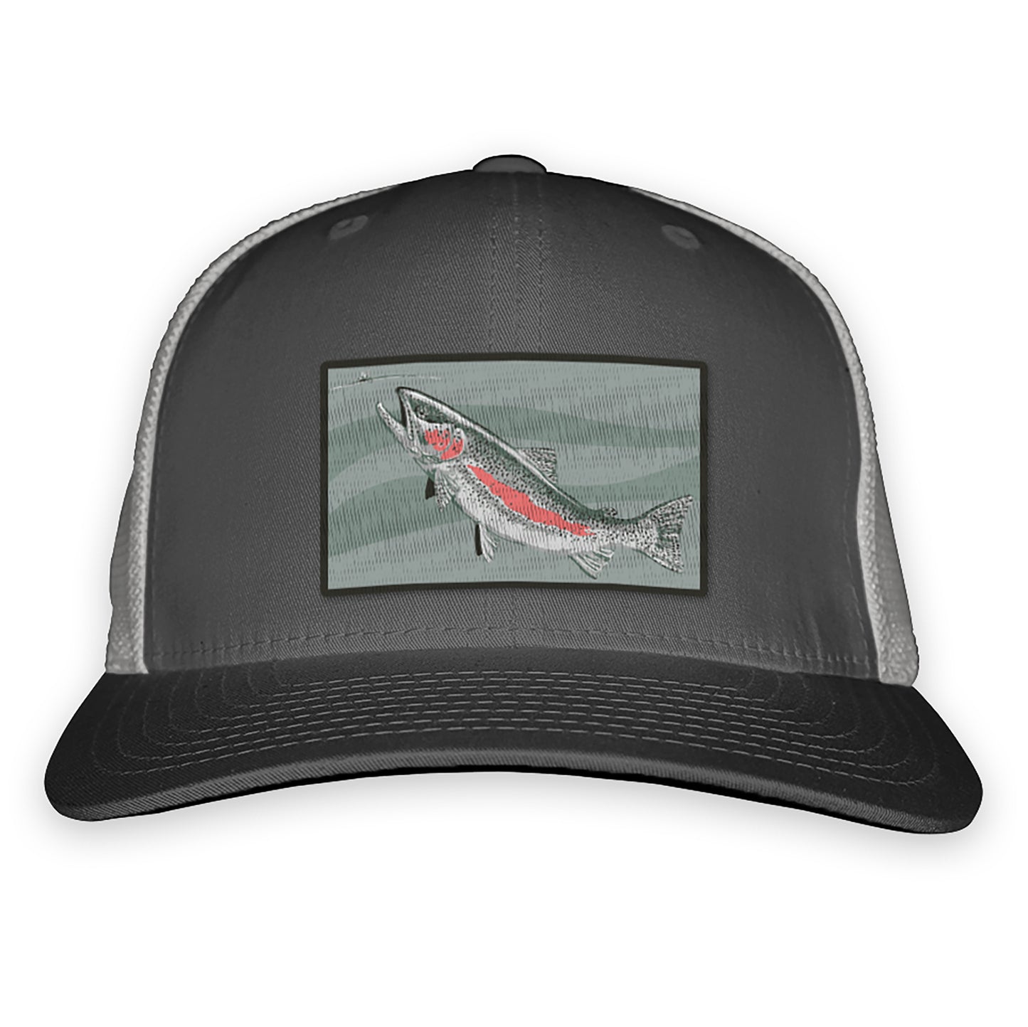 Gray front and light gray mesh back hat with a patch showing a rising rainbow trout on the front