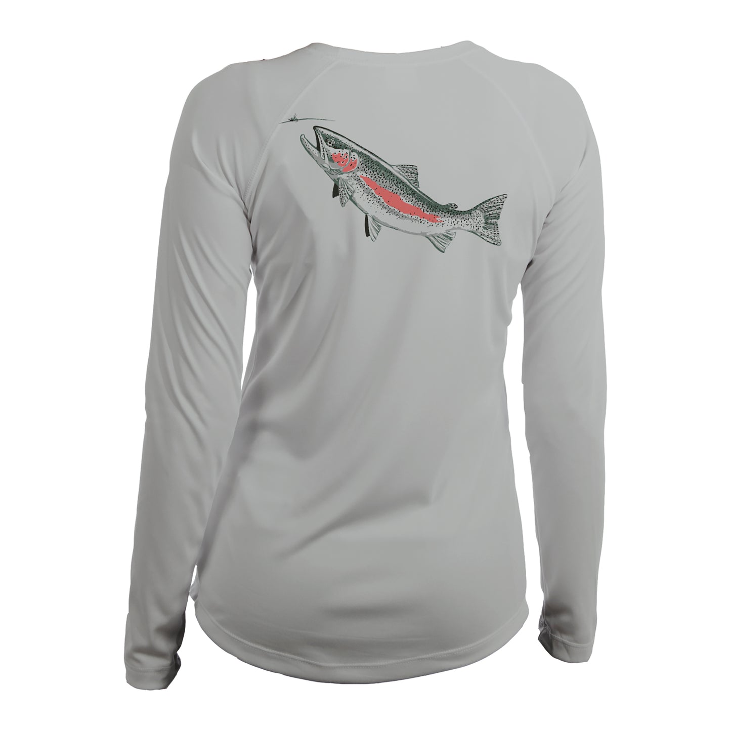 Gray womens sun hoody with a rising rainbow trout on the back