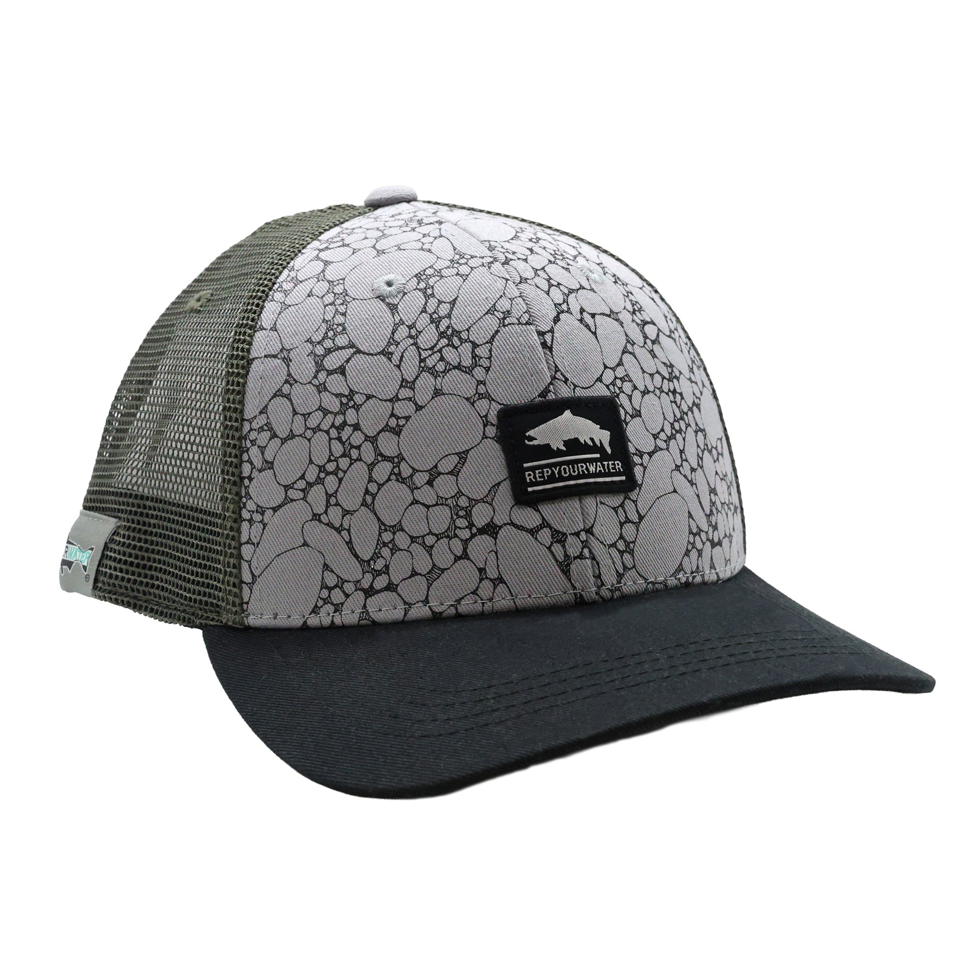 Gray river rock pattern trucker hat with RepYourWater mountain logo patch.