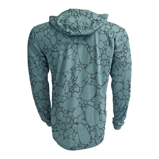 Blue hooded sun shirt with river stone pattern covering the back.