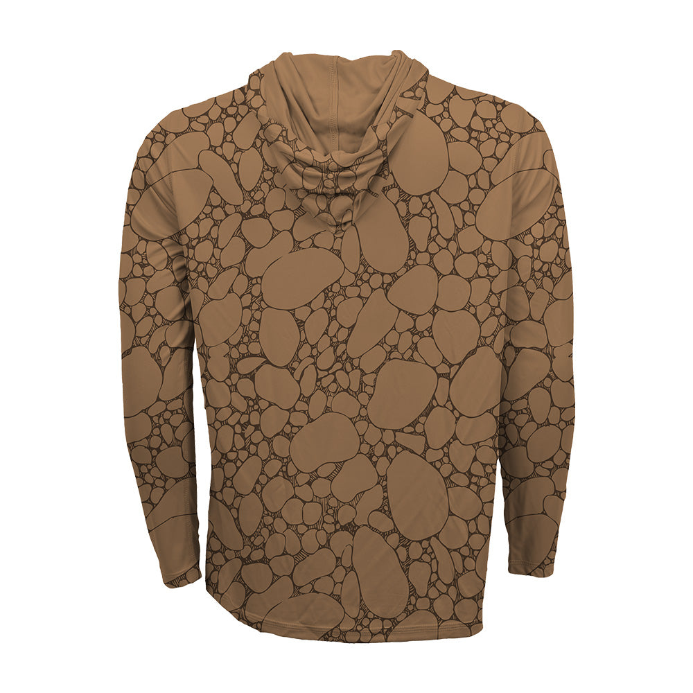 Clay color hooded sun shirt with river stone pattern covering the back.