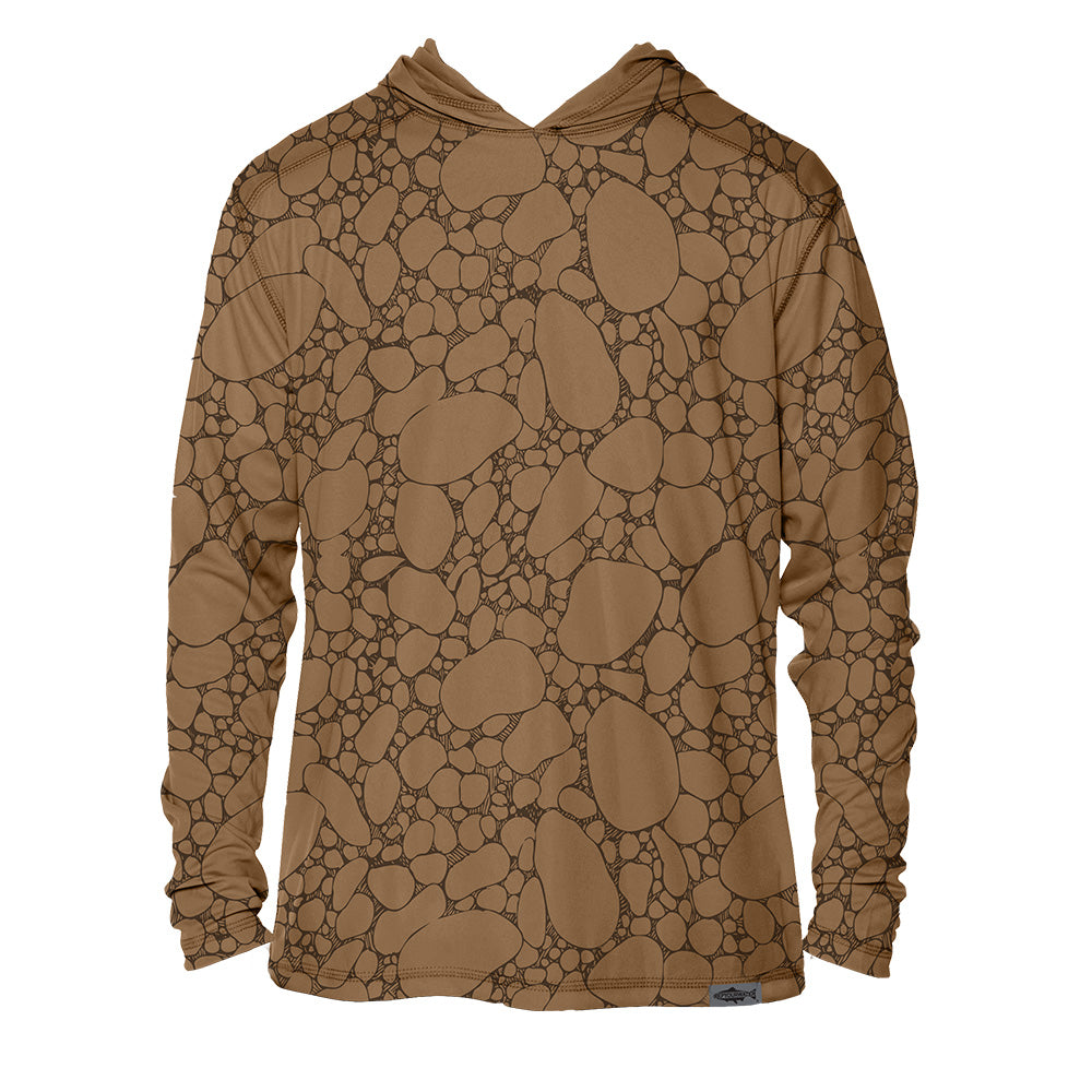 Clay color hooded sun shirt with river stone pattern covering the front.