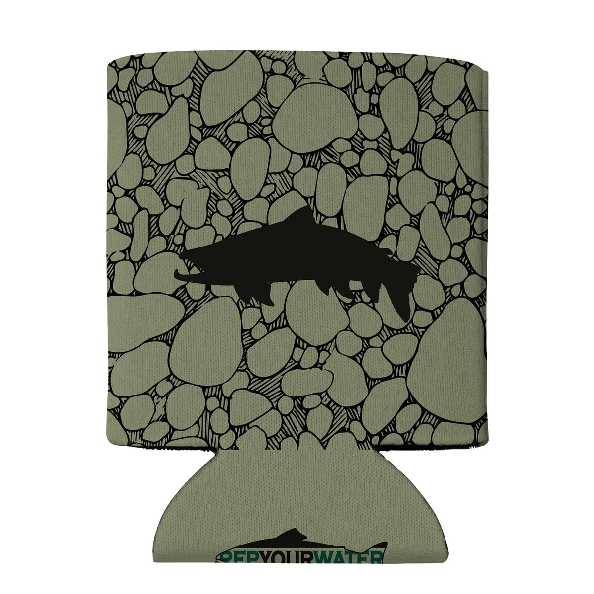 River Rock Trout Eco Coolie featuring a fish pattern design on an eco-friendly drink sleeve