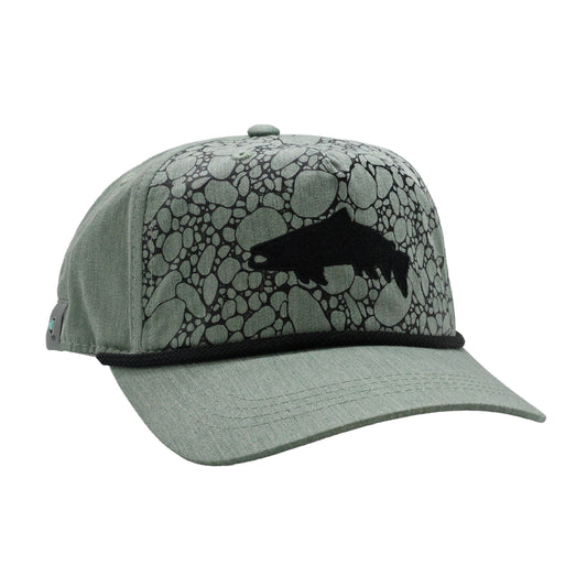 Gray and olive 5-panel trucker hat with river rock pattern and black trout silhouette.