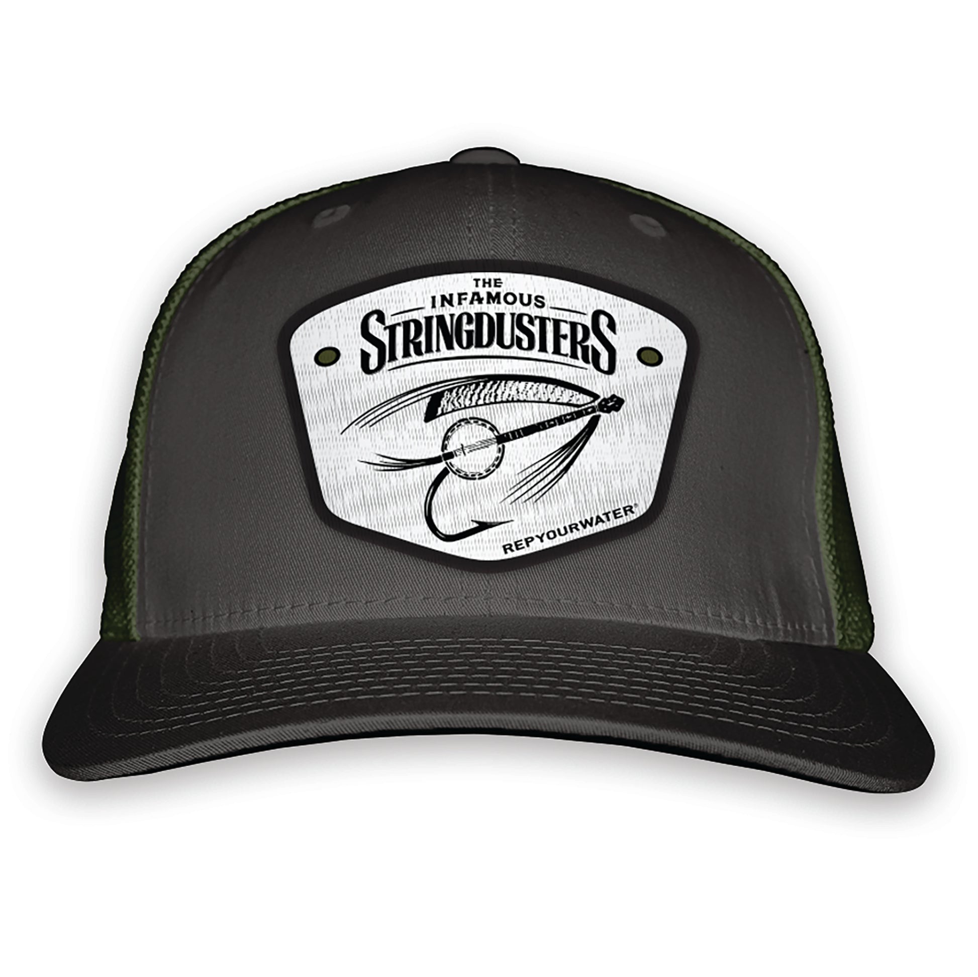 Gray front green mesh back hat that has a patch for the infamous stingdusters and a fly and banjo on the font