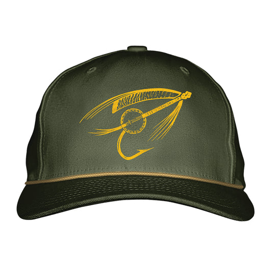 Green full cloth hat with a yellow fishing fly and banjo on the front