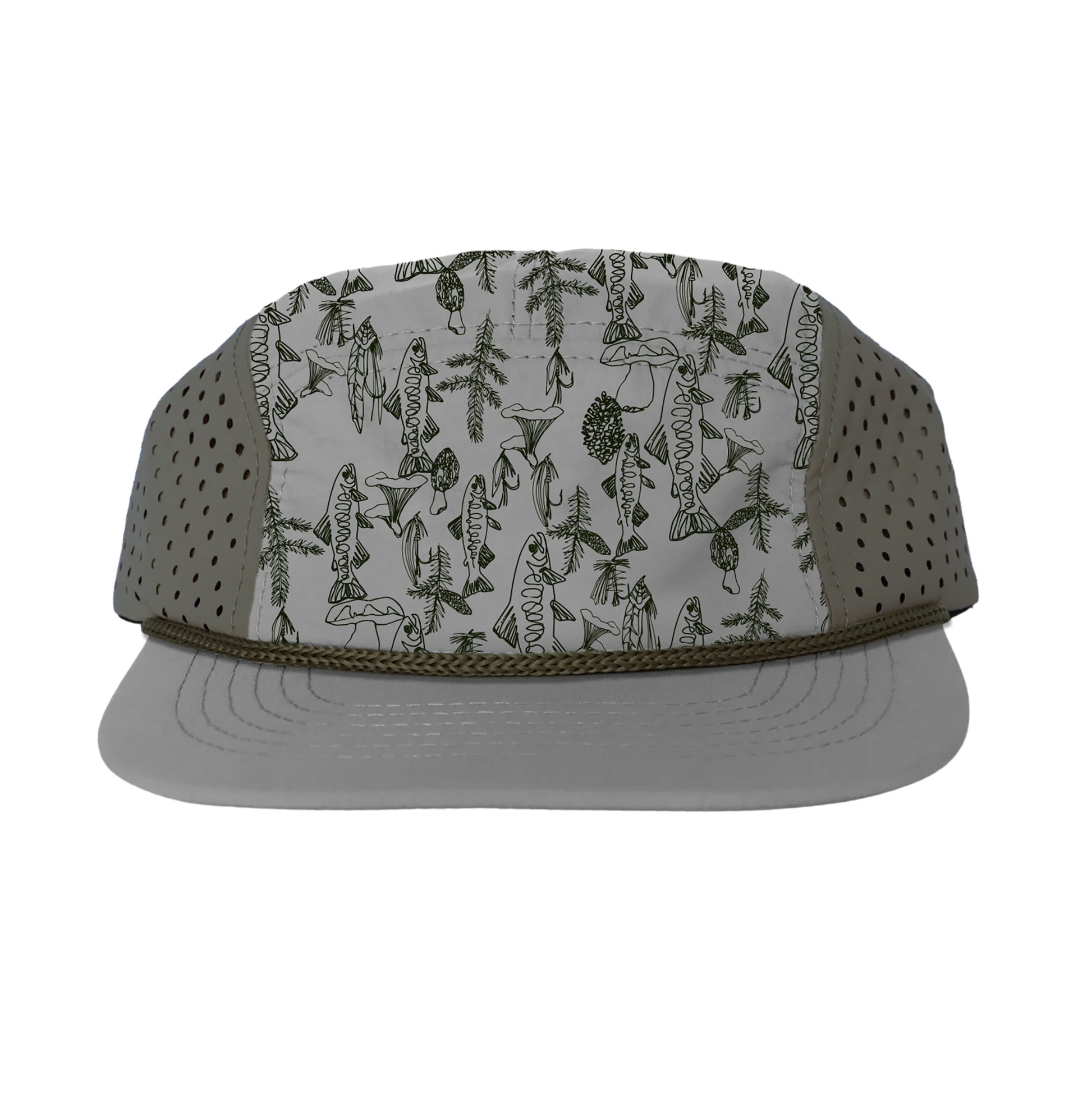 Gray hat with dark gray nylon mesh sides showing pine limbs, trout, mushrooms, and flies on the hat in pen and ink