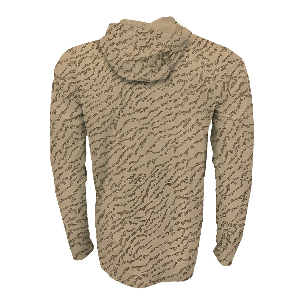 Sang color hoody with repeating sand bar pattern on it 