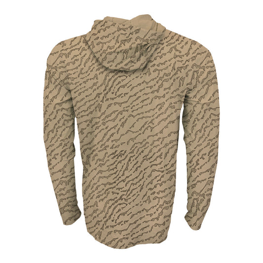 Sang color hoody with repeating sand bar pattern on it 