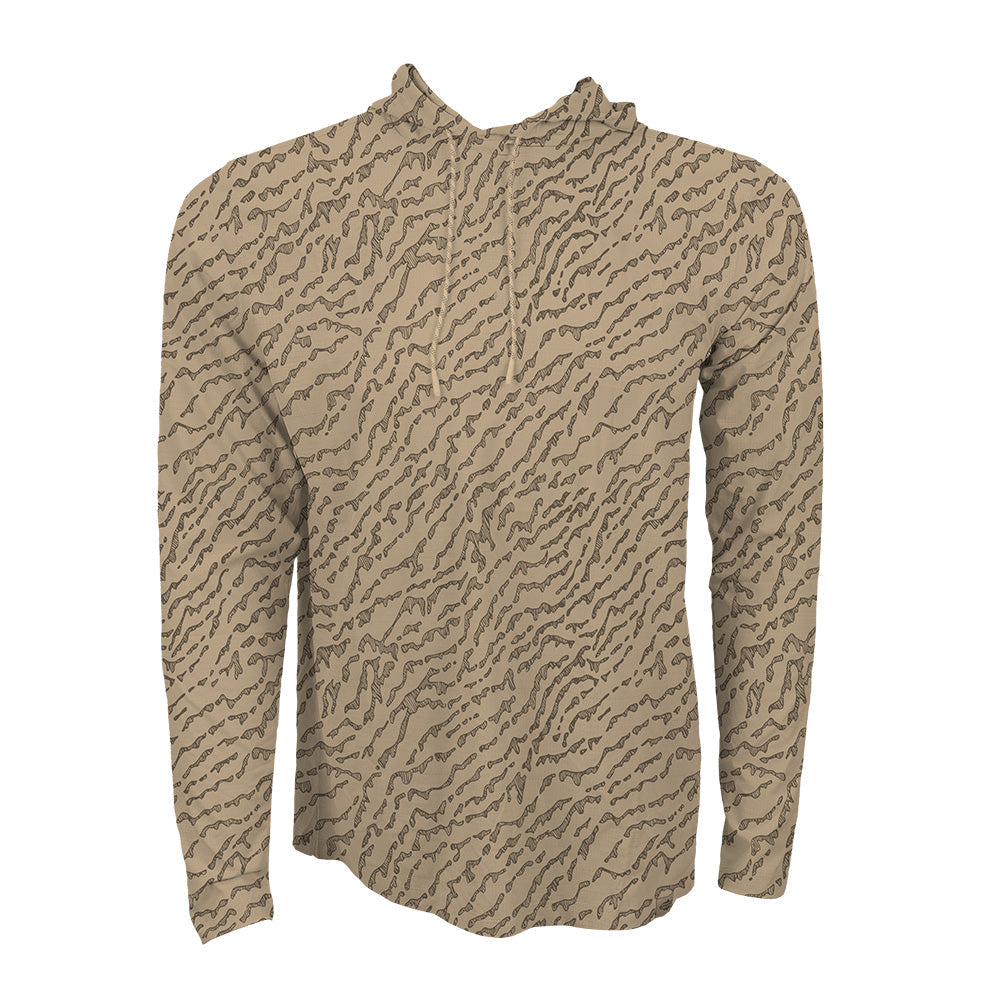 Sang color hoody with repeating sand bar pattern on it 