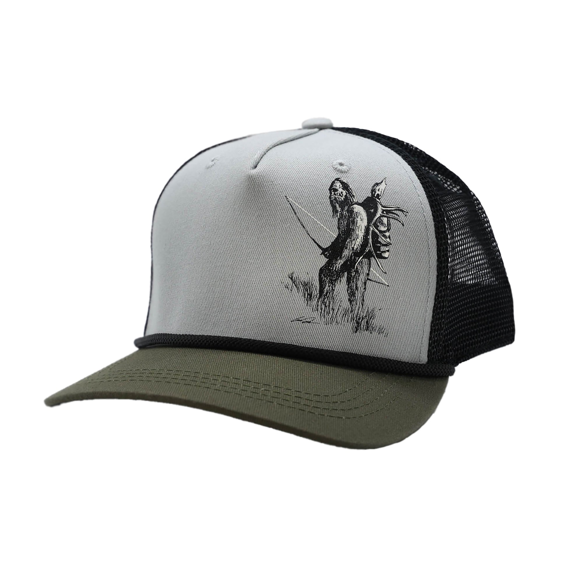 Gray hat with green bill, and black mesh back hat with a drawing of sasquatch with a bow and elk head on the front in black and white ink
