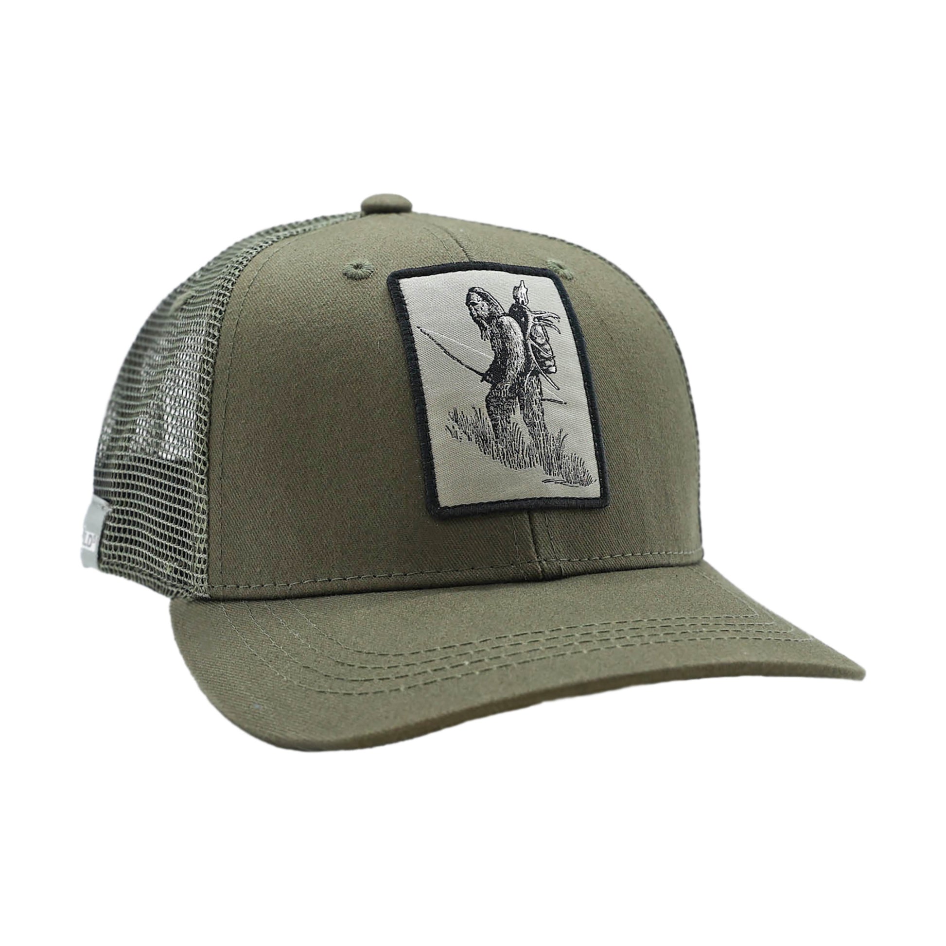 all green hat with a square patch on the front showing sasquatch with a bow and elk head on its back