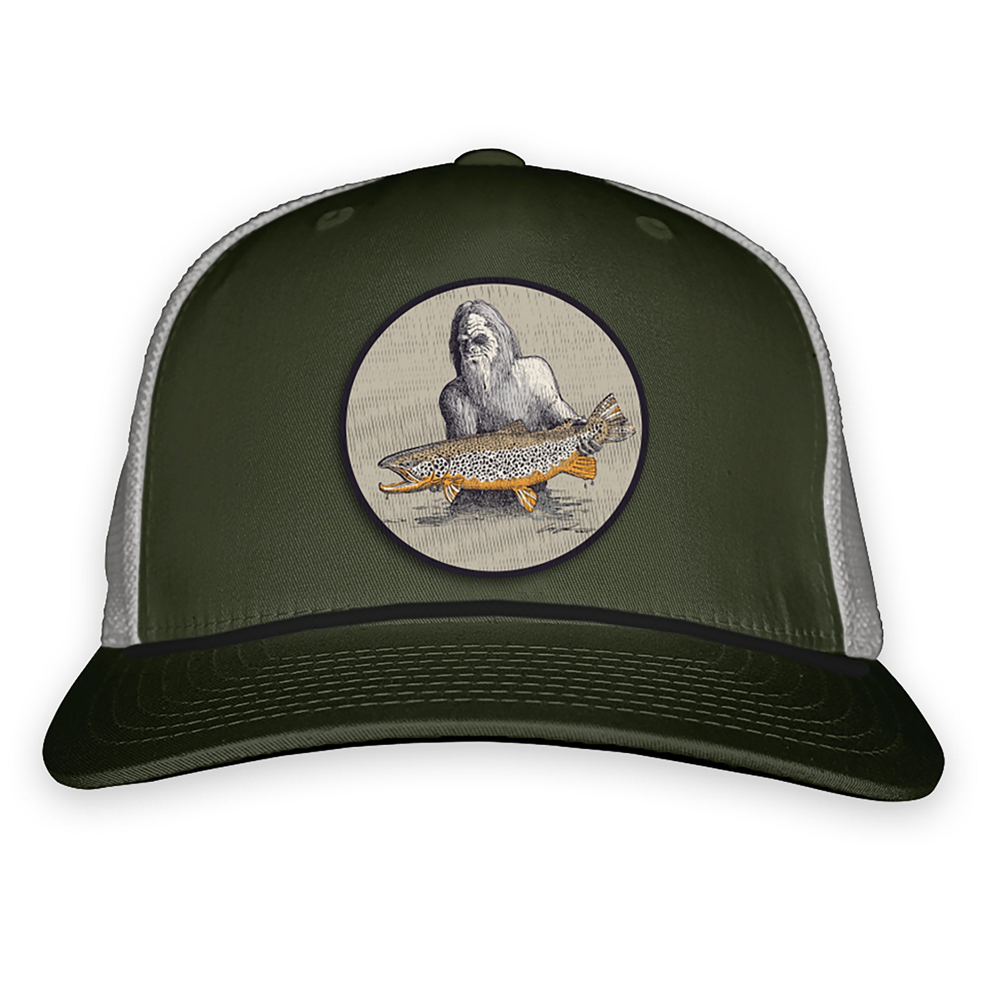 Green front and light gray mesh back hat with a black rope showing a patch of a squatch holding a fish