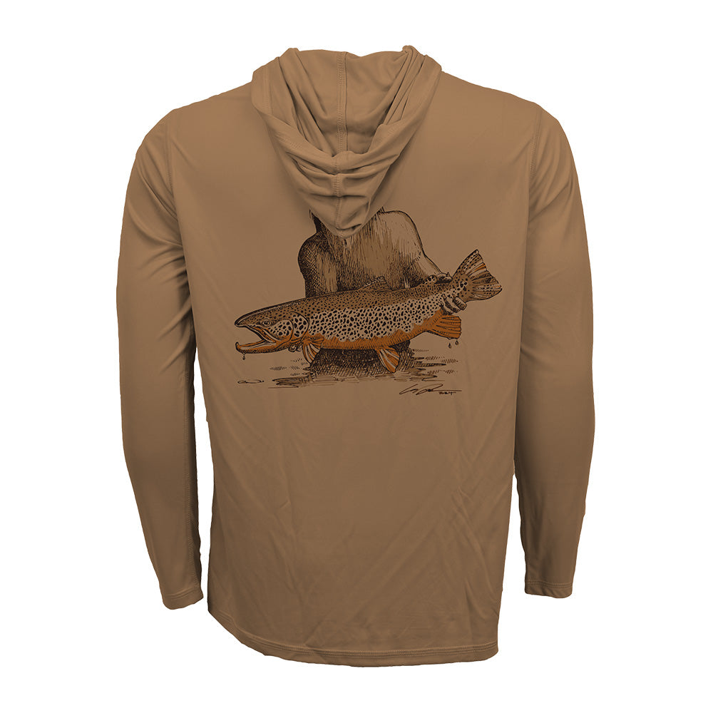 Clay hooded sun shirt with detailed trout illustration and bear sasquatch on the back.