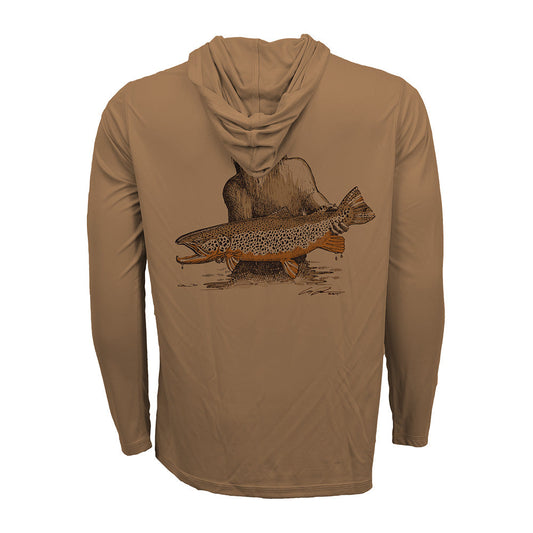 Clay hooded sun shirt with detailed trout illustration and bear sasquatch on the back.