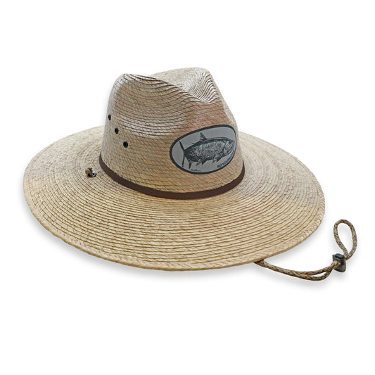 Safari style woven hat with a patch on the front showing a tarpon in gray