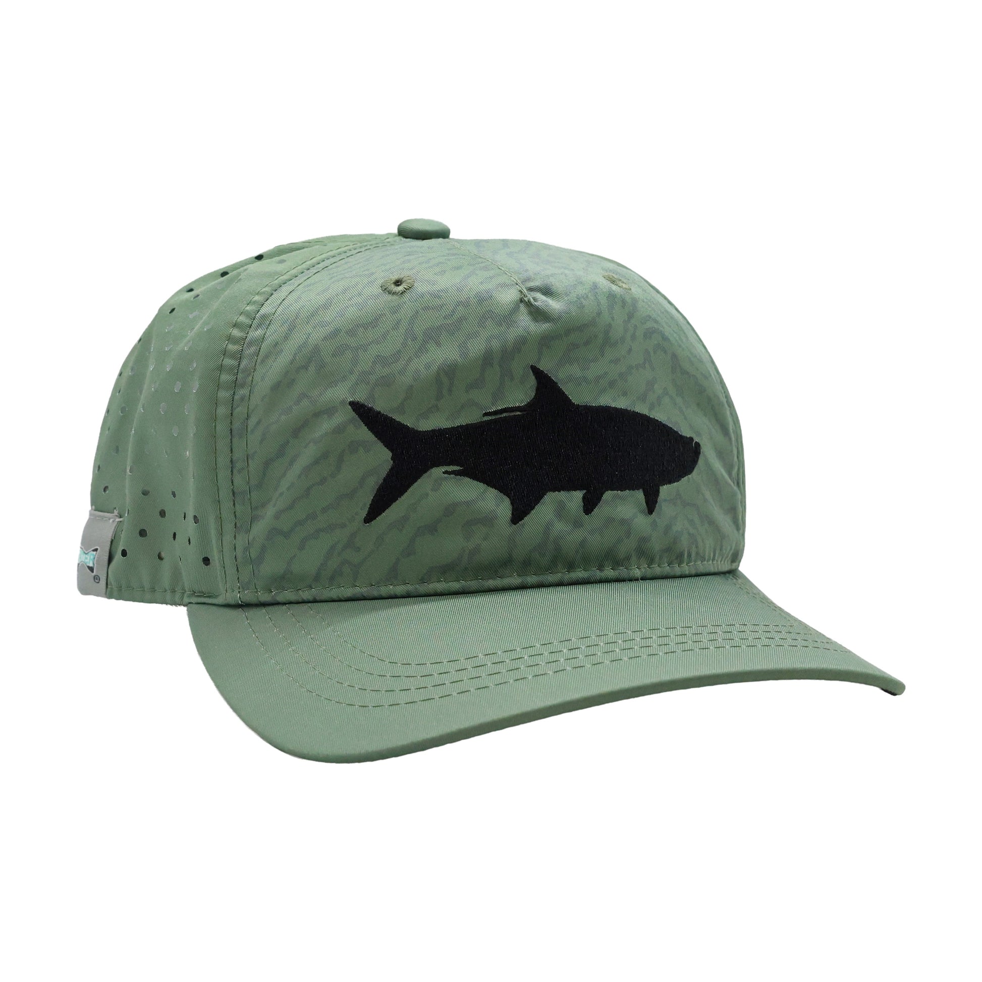 Green perforated performance hat with black tarpon silhouette on front.