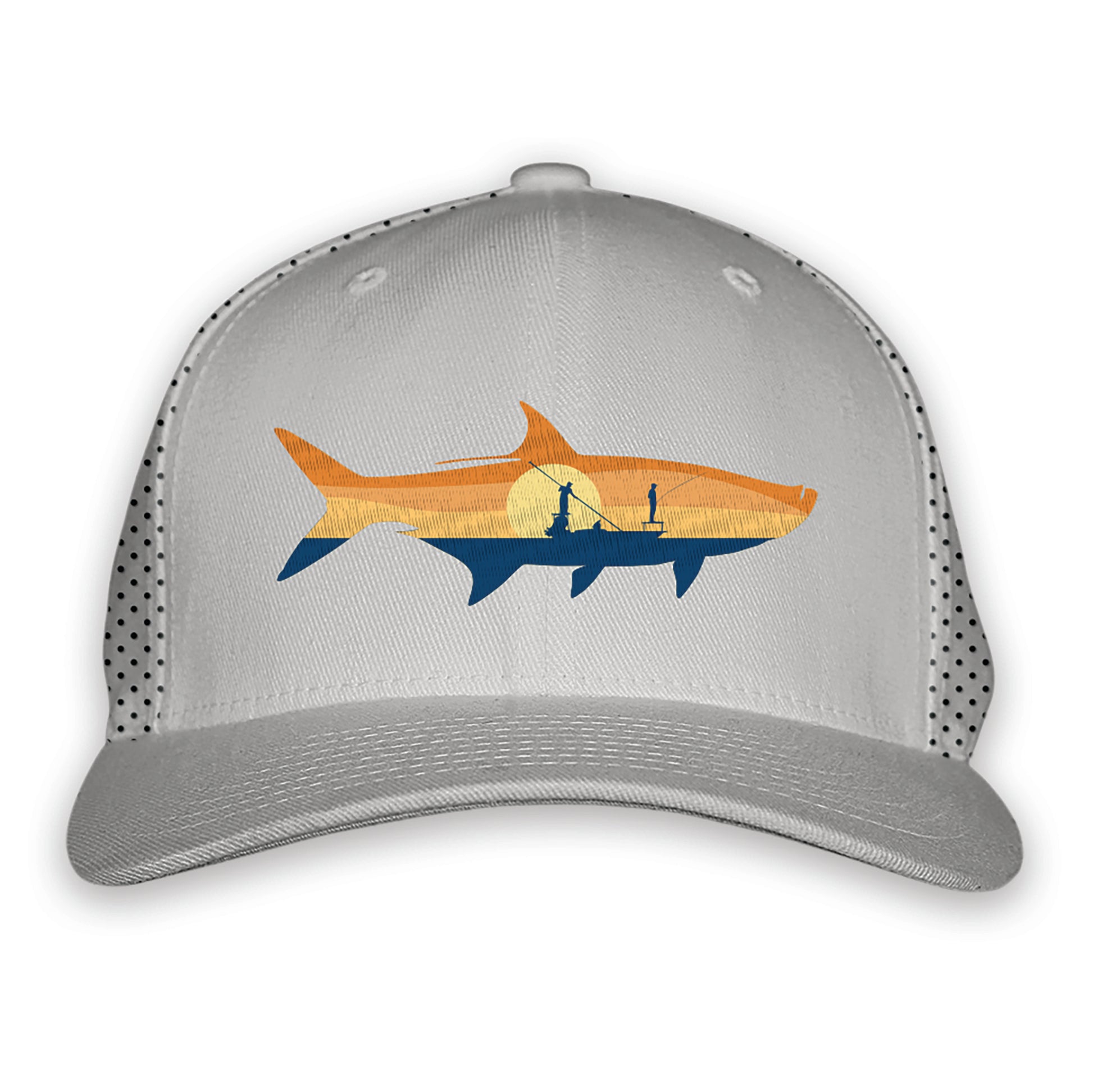 light gray front and nylon emsh back with a tarpon silhouette of a sunrise and two people on a boat fishing