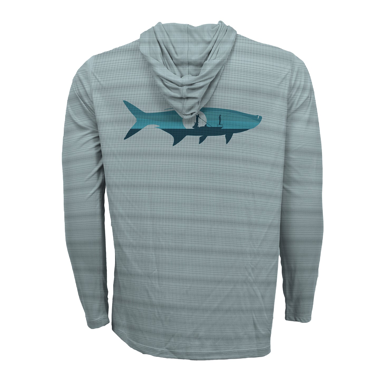 Light blue flolite sun hoody with a tarpon silhouette on the back and two people fishing from a skiff inside it. 