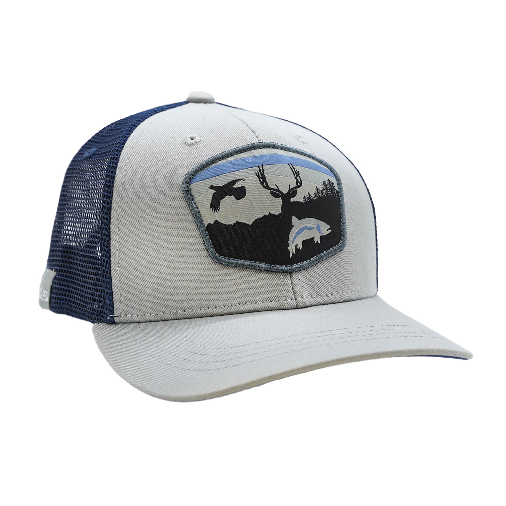 gray hat with navy mesh back with a patch on the front that shows a bird and deer silhouette and a fish on the front in gray 