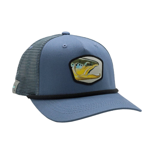 Slate blue 5-panel trucker hat with embroidered trout portrait patch on front.