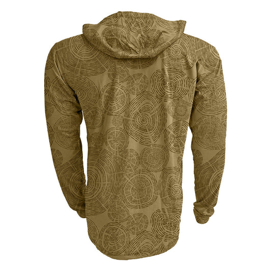 buckskin hooded sun shirt with repeating circular tree-ring pattern across the back.