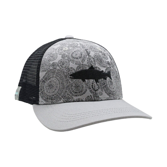 Gray and black trucker hat with tree ring pattern and black trout silhouette.