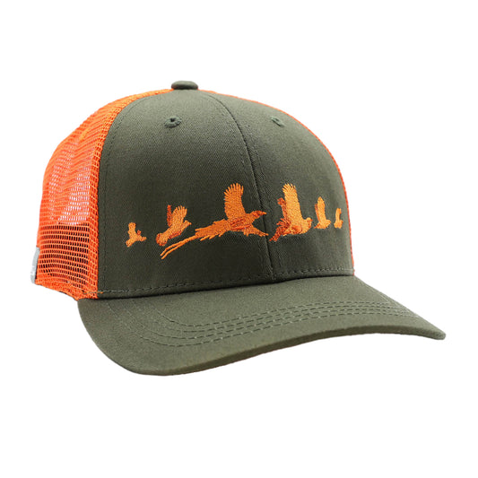 Green cotton twill front and orange mesh back hat with orange embroidery on the front of 6 bird silhouettes