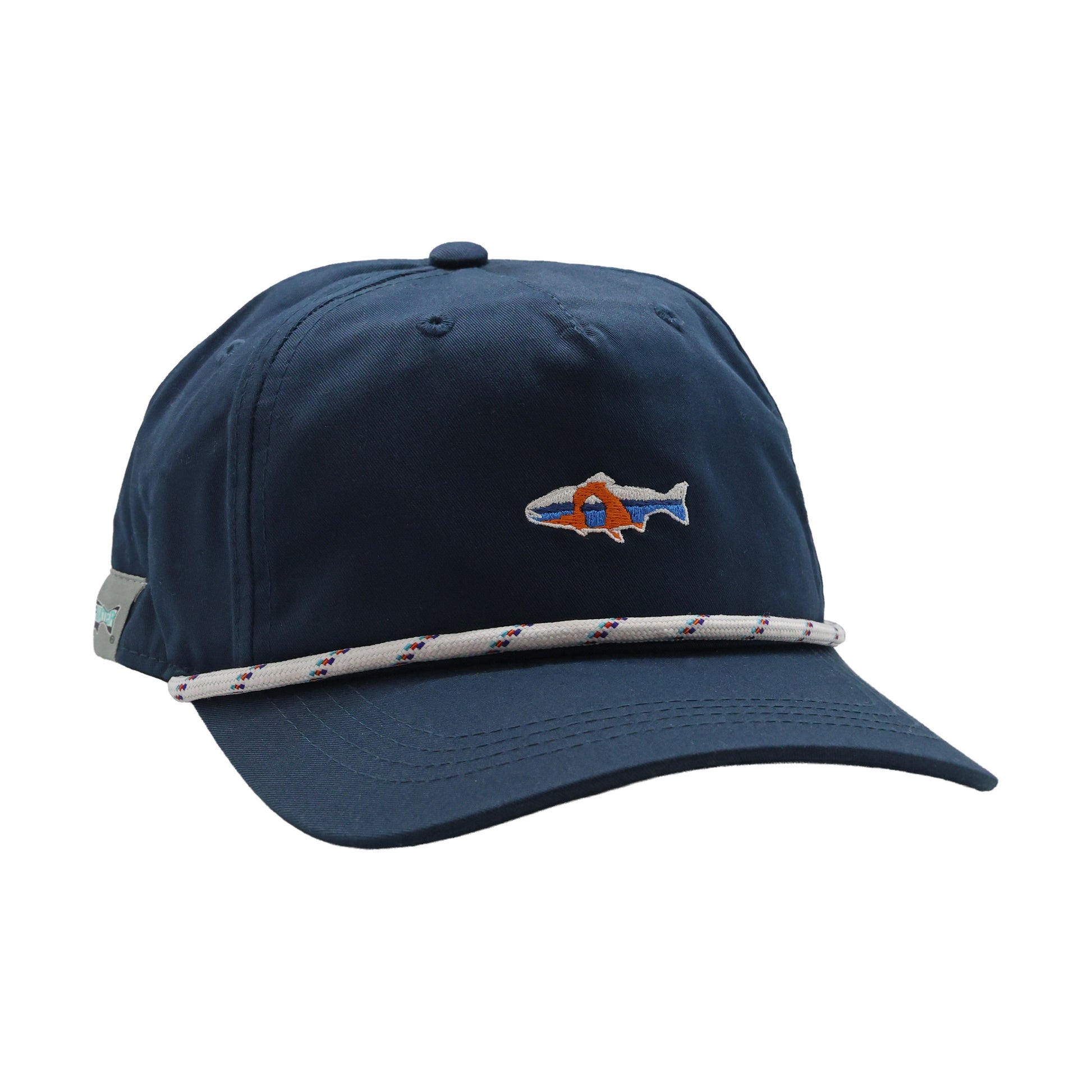 Navy unstructured rope hat with embroidered Utah-flag fish and white rope accent.