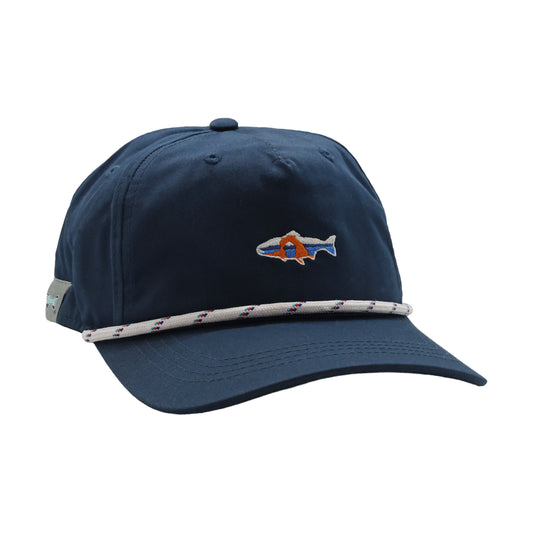 Navy unstructured rope hat with embroidered Utah-flag fish and white rope accent.