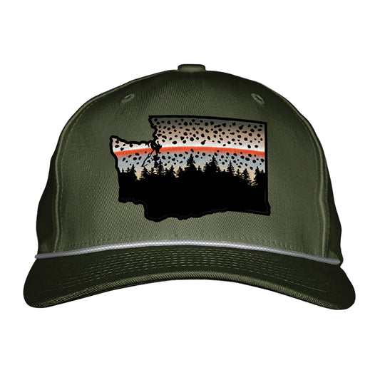 Green hat with a patch shaped like wshington state with tree silhouette and rainbow trout pattern in the "sky"