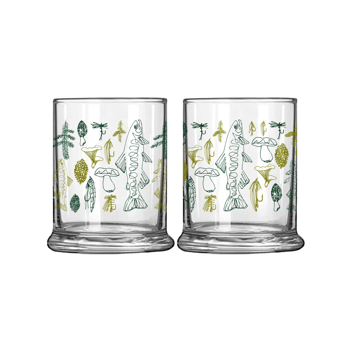 Low ball glass with line drawings of trout mushrooms flies and plants green ink