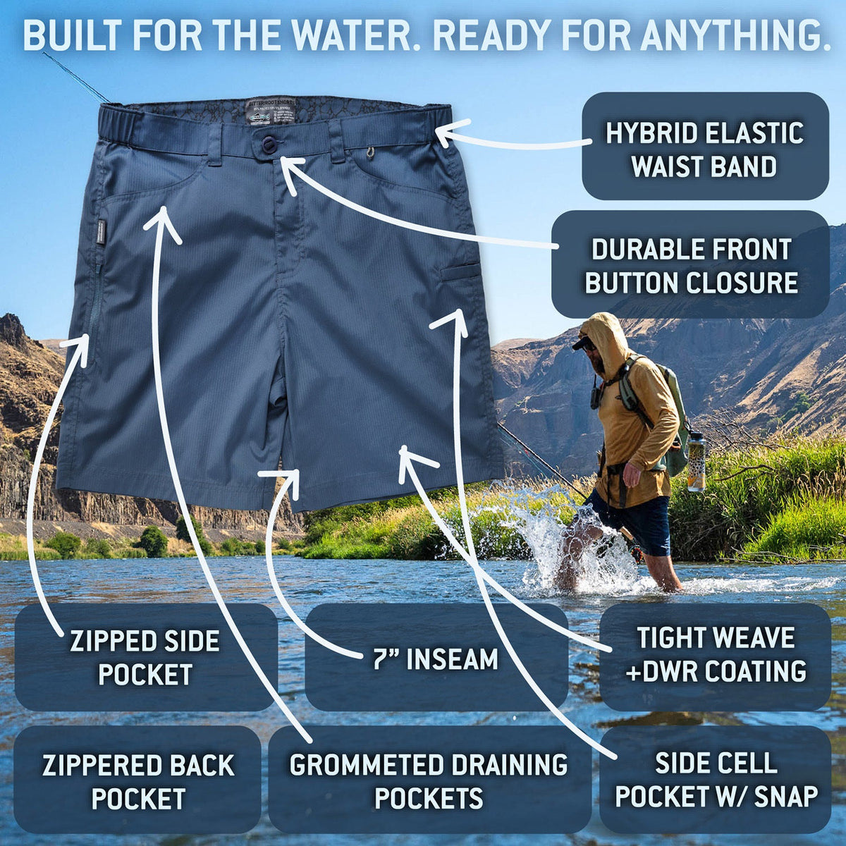 Men’s Bitterroot fishing shorts with labeled features including elastic waistband, zippered pockets, 7 inch inseam, and water-resistant fabric
