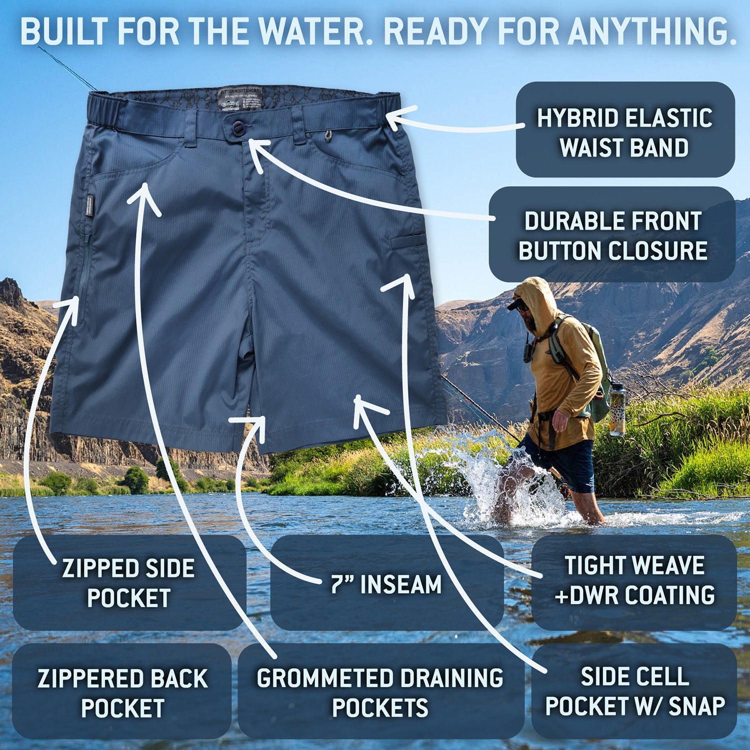 Men’s Bitterroot fishing shorts with labeled features including elastic waistband, zippered pockets, 7 inch inseam, and water-resistant fabric