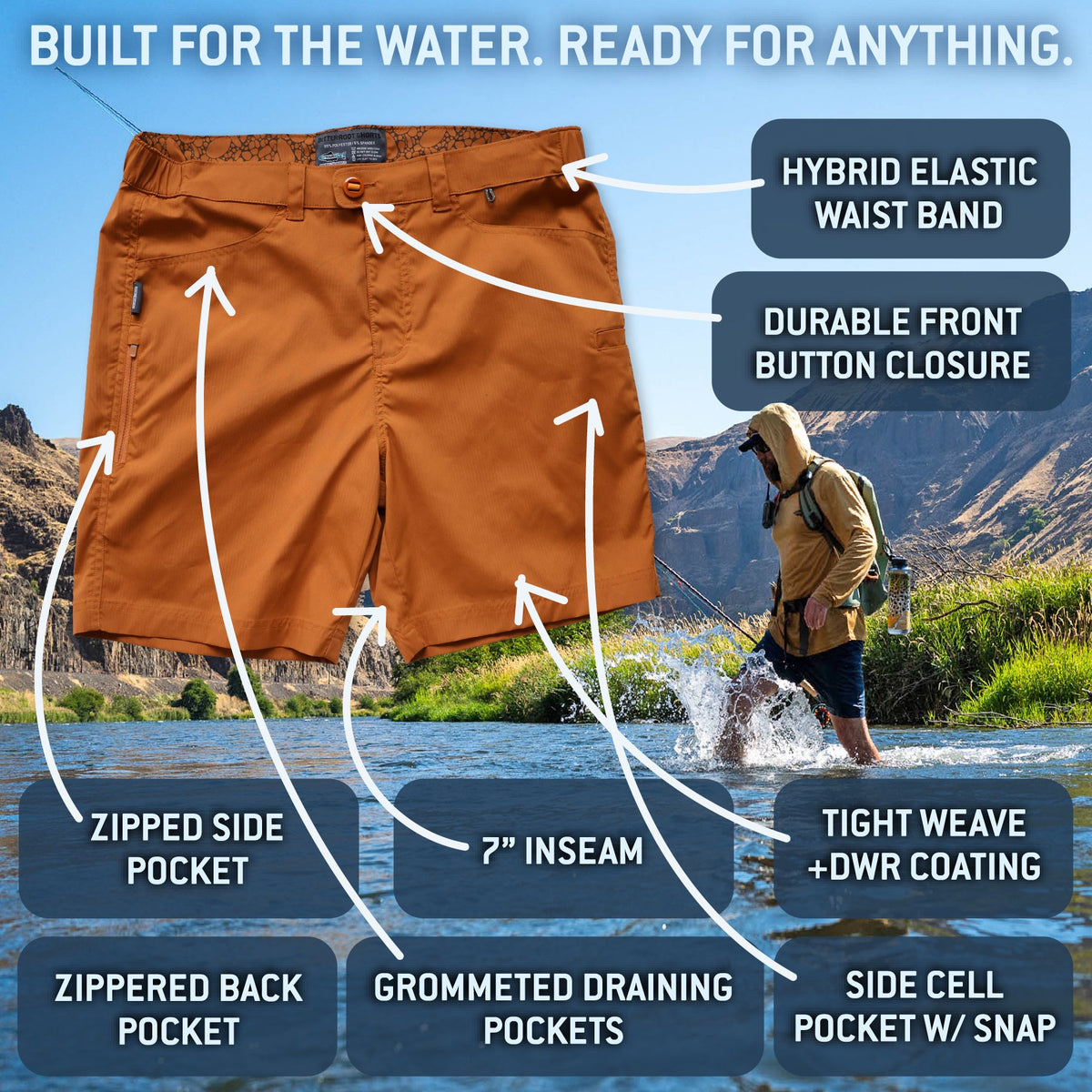 Men’s Bitterroot fishing shorts with labeled features including elastic waistband, zippered pockets, 7 inch inseam, and water-resistant fabric