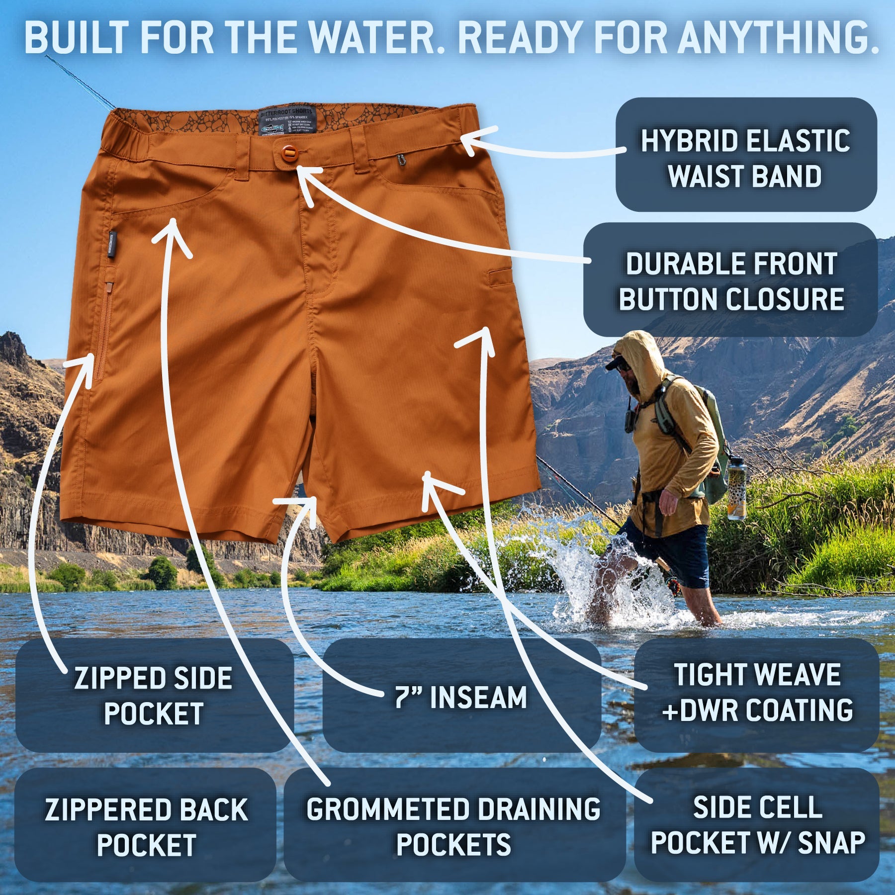 Men’s Bitterroot fishing shorts with labeled features including elastic waistband, zippered pockets, 7 inch inseam, and water-resistant fabric