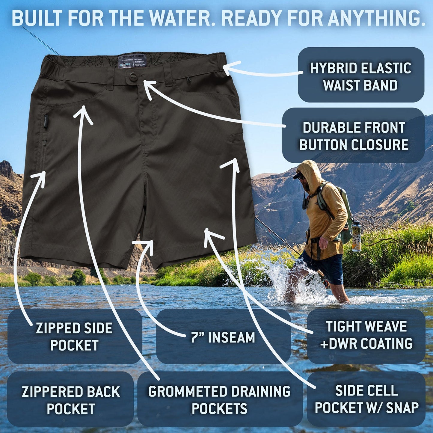 Men’s Bitterroot fishing shorts with labeled features including elastic waistband, zippered pockets, 7 inch inseam, and water-resistant fabric