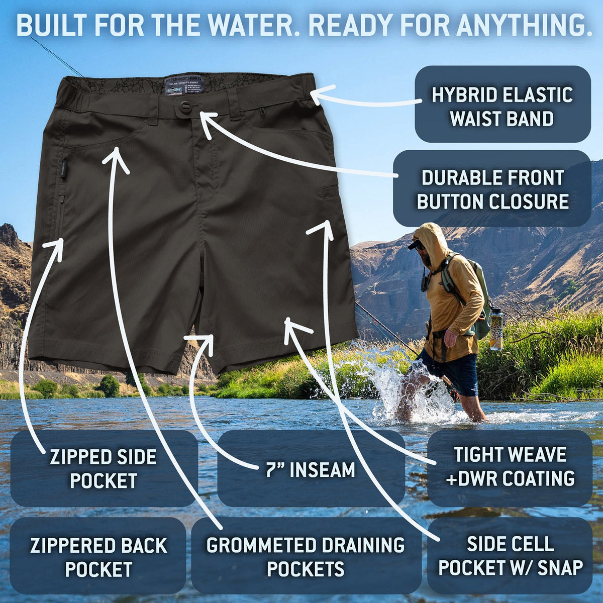 Men’s Bitterroot fishing shorts with labeled features including elastic waistband, zippered pockets, 7 inch inseam, and water-resistant fabric