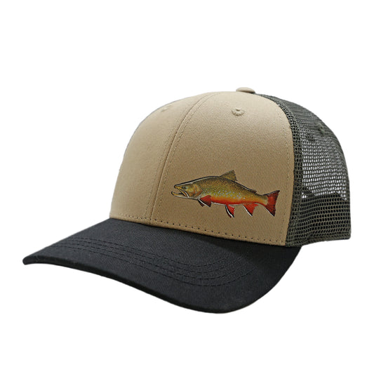 A tan hat with black bill with a mesh back featuring a brook trout in the wearers lower left front corner.