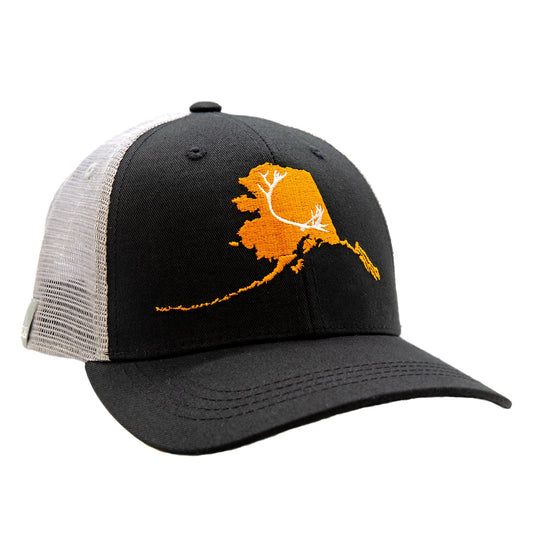 hat with gray cotton front and white mesh back with silhouette of Alaska in orange and a white caribou antler