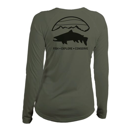 A green longsleeved shirt with a black trout under a mountain scene with the words fish explore conserve underneath