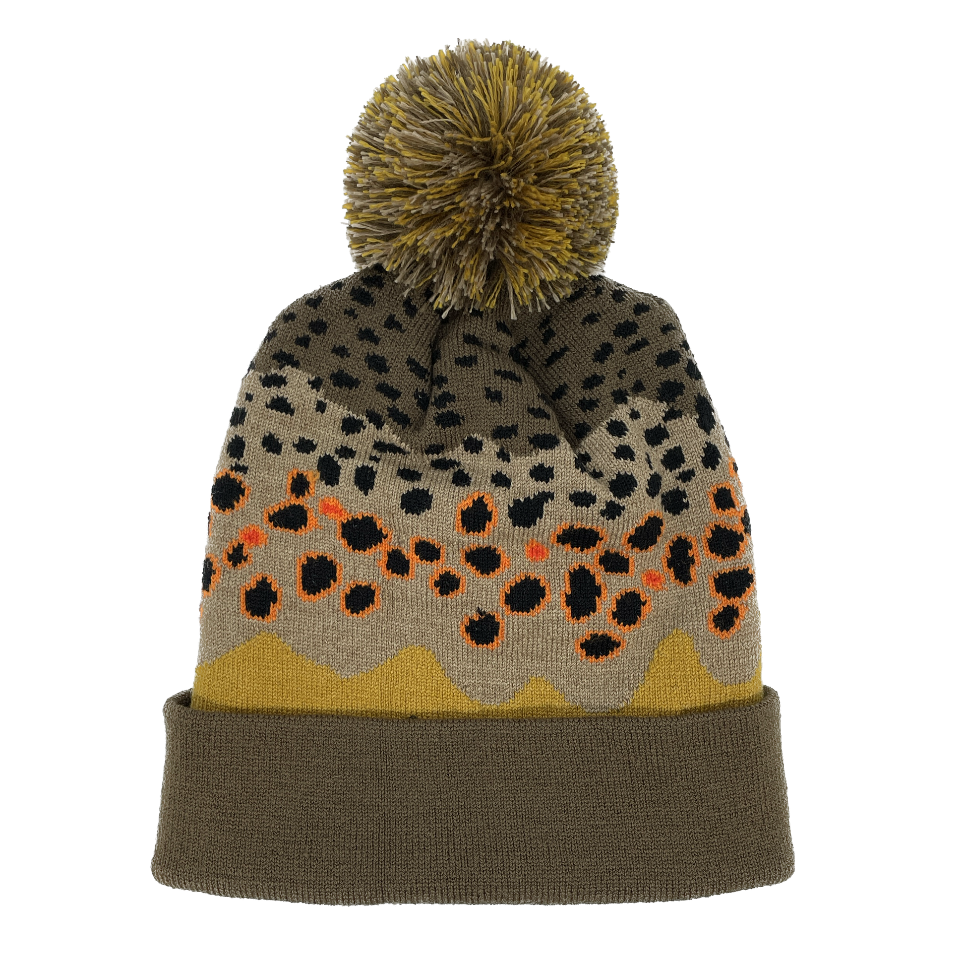 A winter hat with a brown cuff and the pattern of brown trout skin and a poof on top