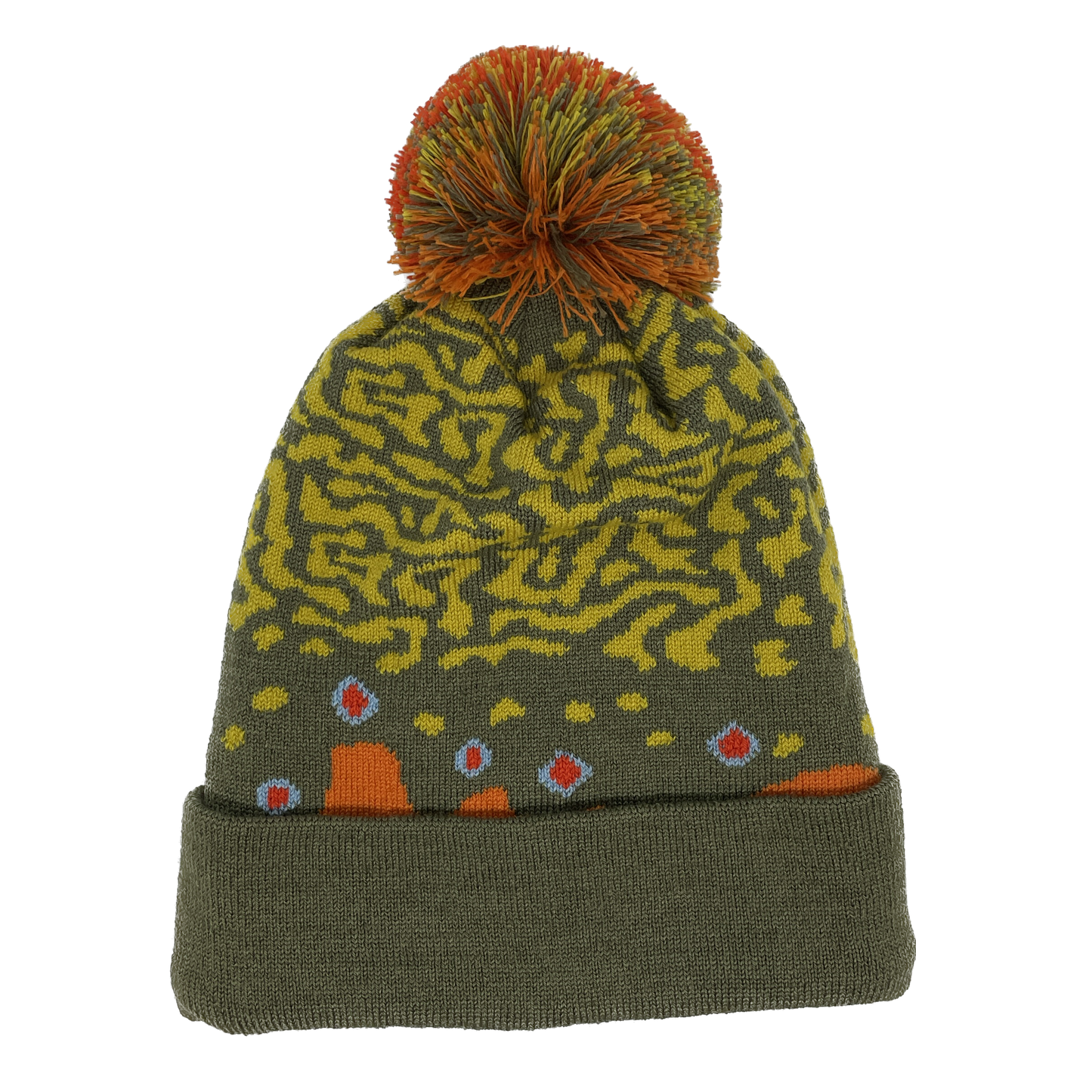 A winter hat imitating brook trout skin with a red and green poof on top and a green cuff