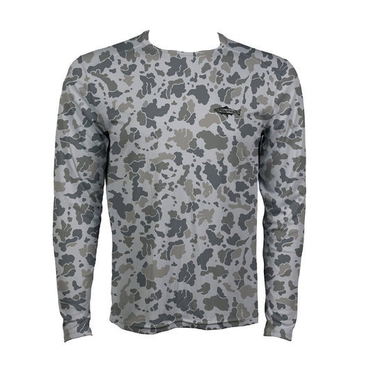Front of gray toned camo printed long sleeve sun shirt with black fish silhouette that reads rep your water