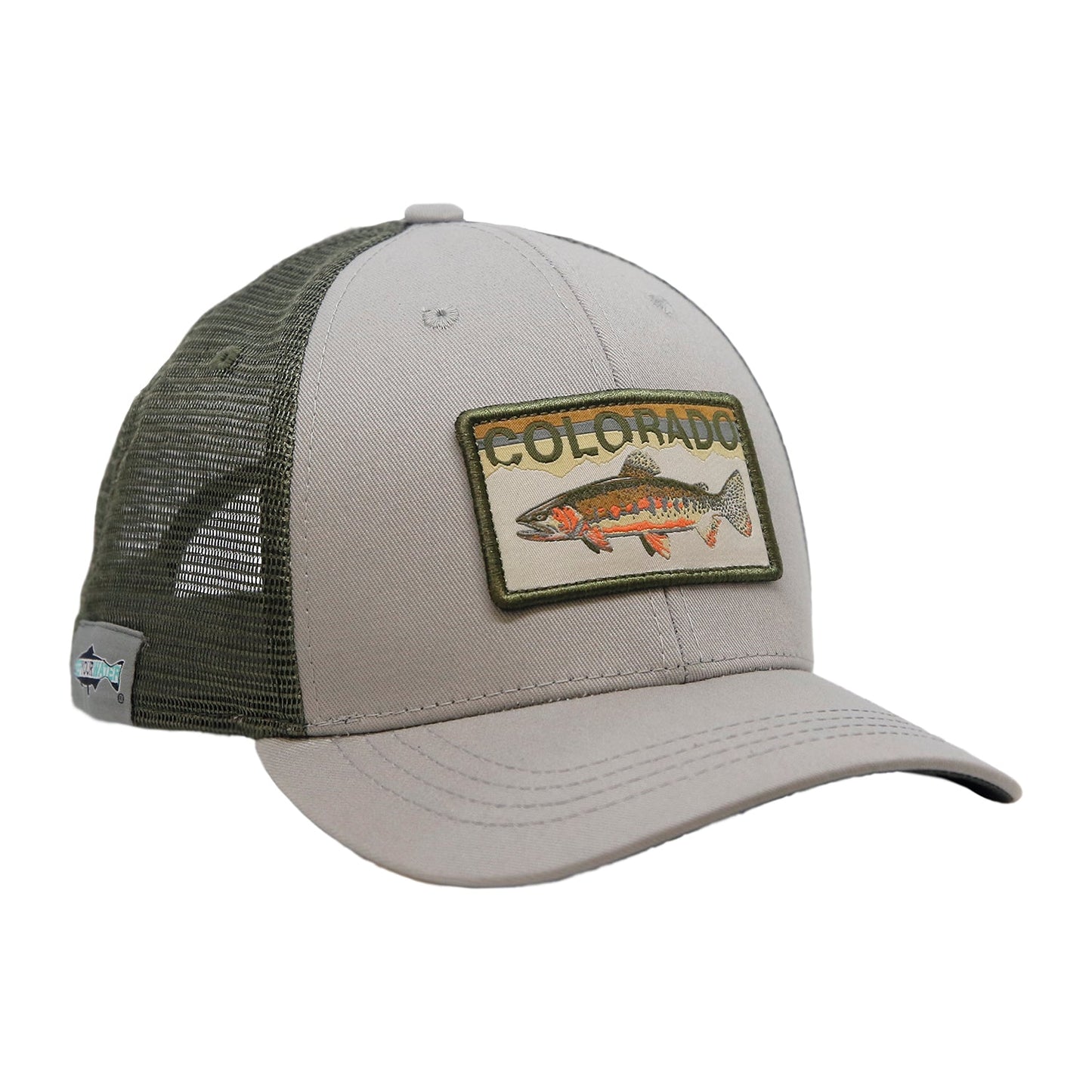 A hat with green mesh in back and gray fabric in front has a rectangular patch that says Colorado and has a greenback cutthroat trout