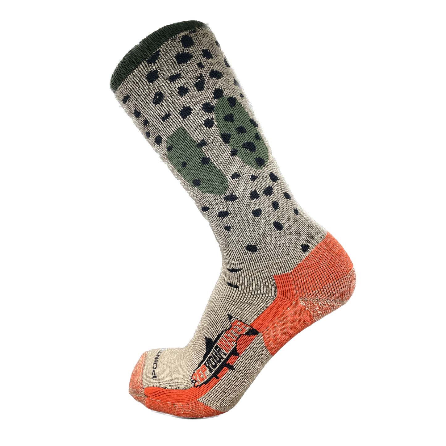 A sock with the pattern of a cutthroat trout also has a logo on the foot that reads repyourwater in a trout silhouette